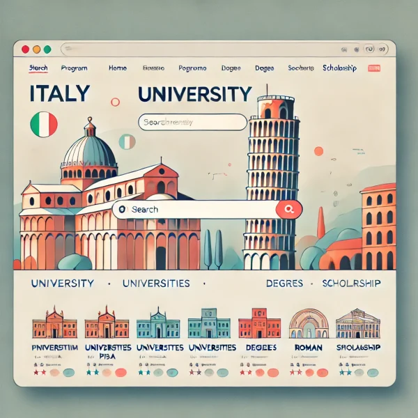 DALL·E 2024-10-06 12.58.48 - A modern, clean web interface for searching university programs in Italy. The interface includes a search bar at the top with a button to search for a