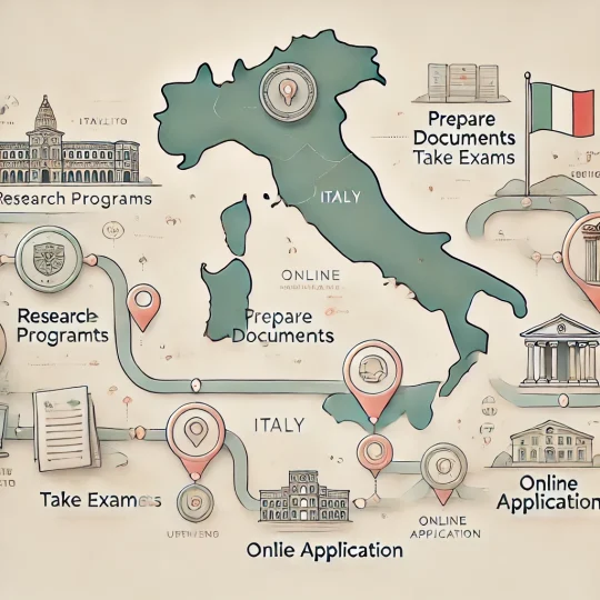 DALL·E 2024-11-08 21.32.00 - An elegant roadmap illustration for a student application process to Italian universities, displayed in a vertical timeline format. The image is cente